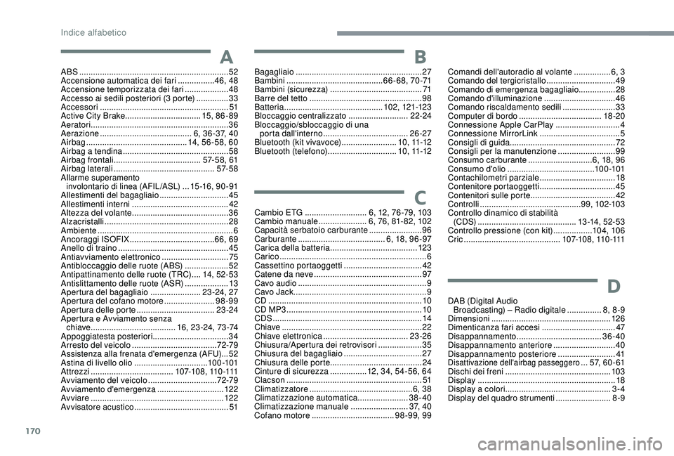 PEUGEOT 108 2018  Manuale duso (in Italian) 170
ABS .................................................................52
Accensione automatica dei fari  ................46
, 48
Accensione temporizzata dei fari
 

...................48
Accesso ai