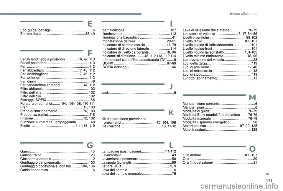 PEUGEOT 108 2018  Manuale duso (in Italian) 171
Eco-guida (consigli) .......................................... 6
Entrata d'aria  ............................................. 38-40
Fanali fendinebbia posteriori
 

.............16, 47, 113
