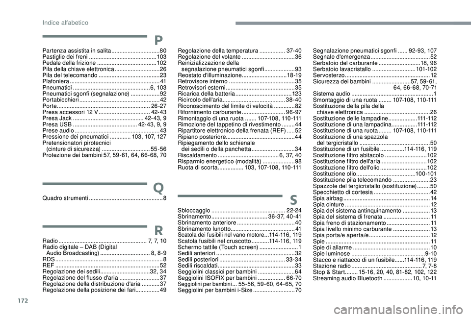 PEUGEOT 108 2018  Manuale duso (in Italian) 172
Partenza assistita in salita ..............................80
Pastiglie dei freni  .......................................... 103
Pedale della frizione
  ..................................... 102

