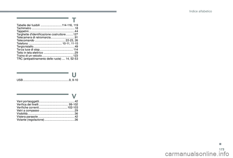 PEUGEOT 108 2018  Manuale duso (in Italian) 173
Tabelle dei fusibili ...........................114 -11 6 ,  11 9
Tachimetro .............................. ........................18
Tappetini
 ..................................................