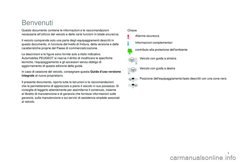 PEUGEOT 108 2018  Manuale duso (in Italian) 1
Benvenuti
Le descrizioni e le figure sono fornite solo a titolo indicativo.
A utomobiles PEUGEOT si riser va il diritto di modificare le specifiche 
tecniche, l'equipaggiamento e gli accessori s