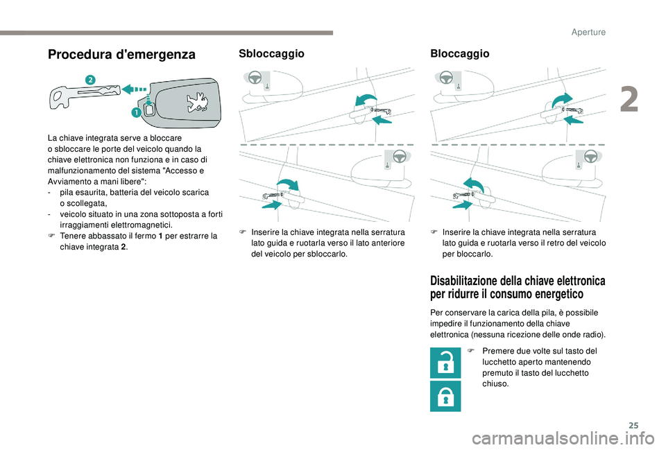 PEUGEOT 108 2018 Manuale duso (in Italian) 25
Procedura d'emergenza
La chiave integrata ser ve a bloccare
o sbloccare le porte del veicolo quando la
chiave elettronica non funziona e in caso di
malfunzionamento del sistema "Access PEUGEOT 108 2018 Manuale duso (in Italian) 25
Procedura d'emergenza
La chiave integrata ser ve a bloccare
o sbloccare le porte del veicolo quando la
chiave elettronica non funziona e in caso di
malfunzionamento del sistema "Access
