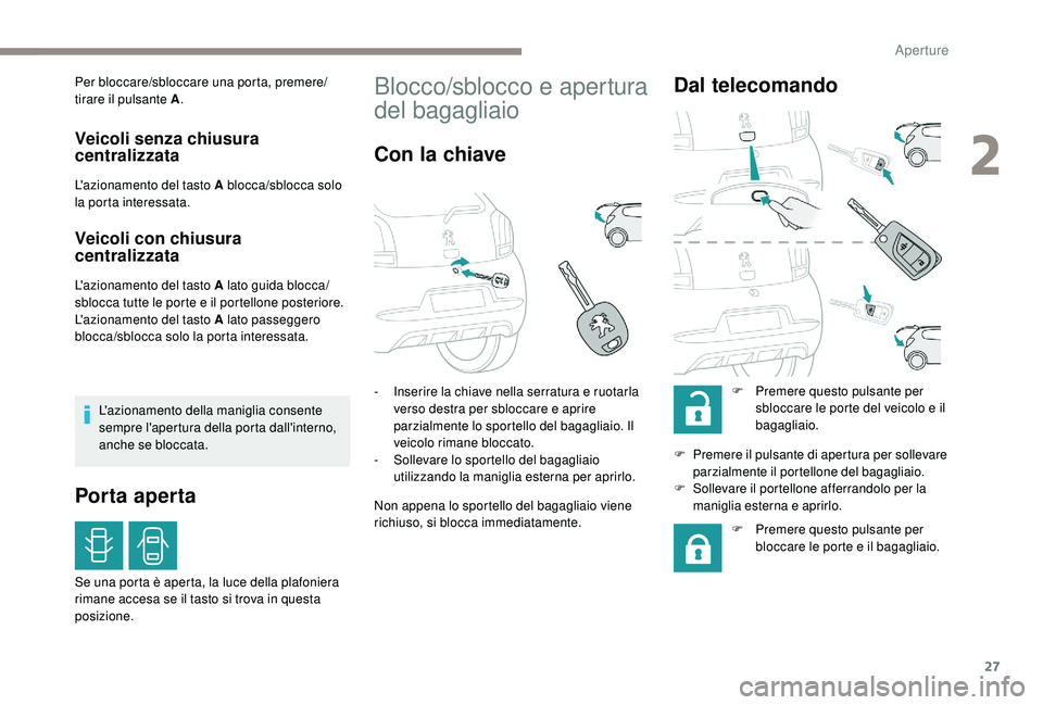 PEUGEOT 108 2018 Manuale duso (in Italian) 27
Per bloccare/sbloccare una porta, premere/
tirare il pulsante A.
Veicoli senza chiusura
centralizzata
L'azionamento del tasto A blocca/sblocca solo
la porta interessata.
Veicoli con chiusura PEUGEOT 108 2018 Manuale duso (in Italian) 27
Per bloccare/sbloccare una porta, premere/
tirare il pulsante A.
Veicoli senza chiusura
centralizzata
L'azionamento del tasto A blocca/sblocca solo
la porta interessata.
Veicoli con chiusura