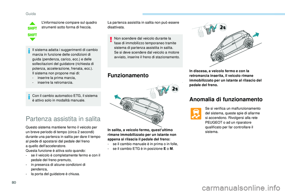 PEUGEOT 108 2018 Manuale duso (in Italian) 80
L'informazione compare sul quadro
strumenti sotto forma di freccia.
Il sistema adatta i
suggerimenti di cambio
marcia in funzione delle condizioni di
guida (pendenza, carico, ecc.) e delle PEUGEOT 108 2018 Manuale duso (in Italian) 80
L'informazione compare sul quadro
strumenti sotto forma di freccia.
Il sistema adatta i
suggerimenti di cambio
marcia in funzione delle condizioni di
guida (pendenza, carico, ecc.) e delle