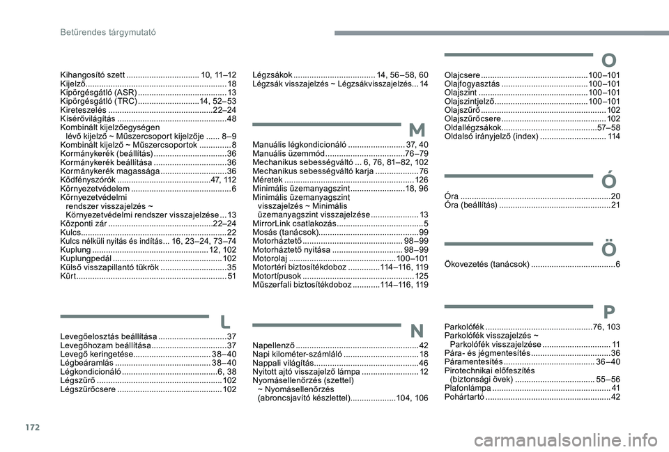 PEUGEOT 108 2018 Kezelési útmutató (in Hungarian) 172
Kihangosító szett ................................1 0, 11–12
Kijelző .............................................................. 18
Kipörgésgátló (ASR)
............................ PEUGEOT 108 2018 Kezelési útmutató (in Hungarian) 172
Kihangosító szett ................................1 0, 11–12
Kijelző .............................................................. 18
Kipörgésgátló (ASR)
............................