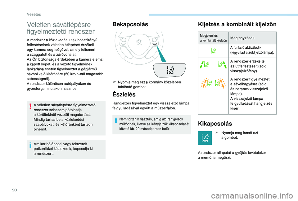 PEUGEOT 108 2018  Kezelési útmutató (in Hungarian) 90
Véletlen sávátlépésre 
figyelmeztető rendszer
A rendszer a közlekedési utak hosszirányú 
f elfestéseinek véletlen átlépését érzékeli 
egy kamera segítségével, amely felismeri 
