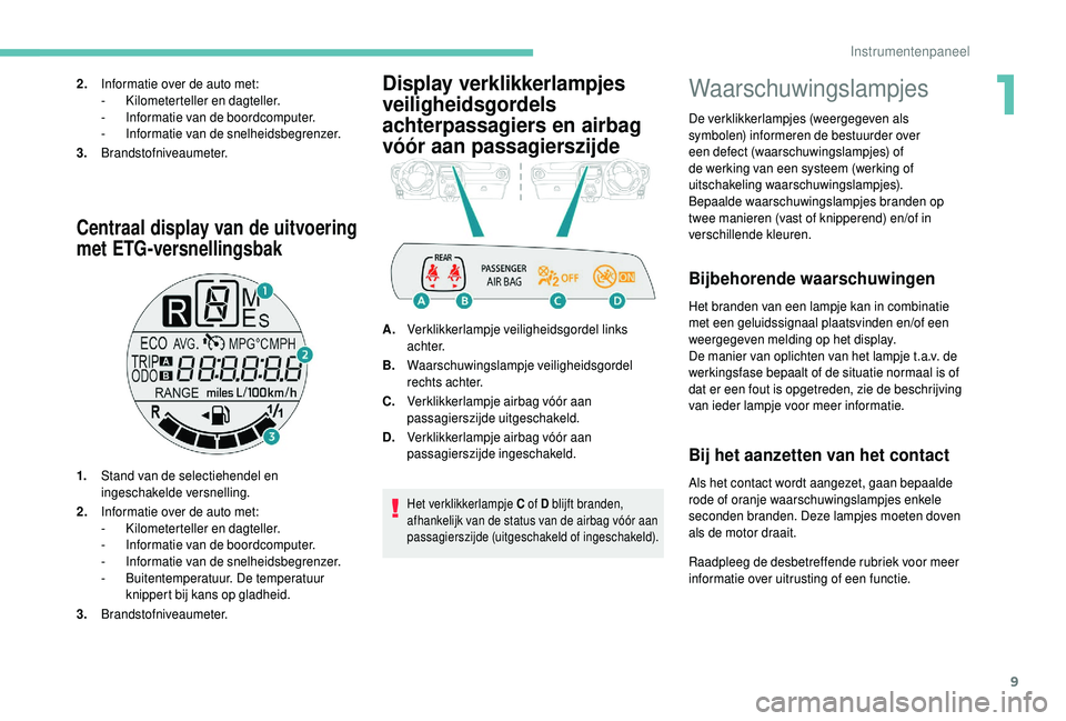 PEUGEOT 108 2018  Instructieboekje (in Dutch) 9
Centraal display van de uitvoering 
met ETG-versnellingsbak
1.Stand van de selectiehendel en 
ingeschakelde versnelling.
2. Informatie over de auto met:
-
 K

ilometerteller en dagteller.
-
 
I
 nfo
