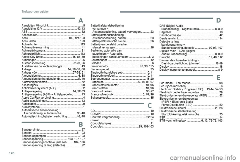 PEUGEOT 108 2018  Instructieboekje (in Dutch) 170
Aansluiten MirrorLink ............................................ 5
Aansluiting 12  V ............................................ 42
- 43
ABS
 ........

.........................................