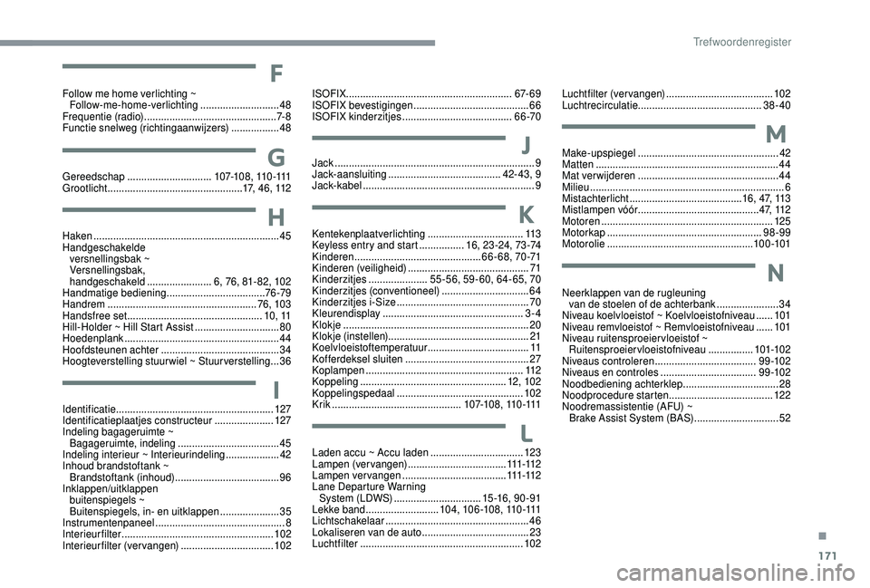 PEUGEOT 108 2018  Instructieboekje (in Dutch) 171
L
Laden accu ~ Accu laden .................................12 3
Lampen (vervangen) ................................... 111
-112
Lampen vervangen
 

..................................... 111 -112
L