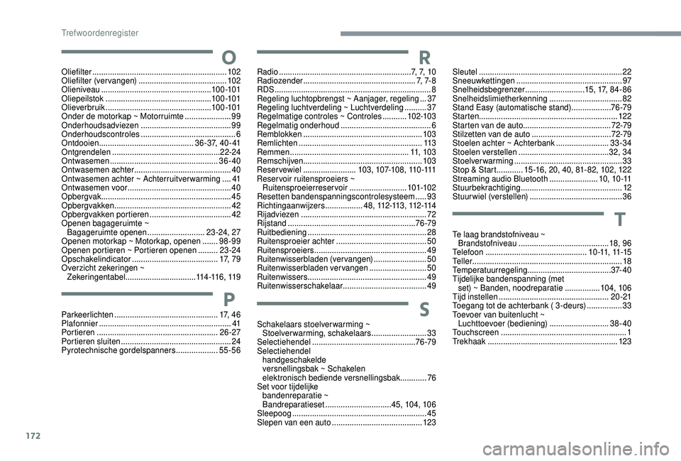 PEUGEOT 108 2018  Instructieboekje (in Dutch) 172
OOliefilter ............................................................. 102
Oliefilter (vervangen)  ........................................ 102
Olieniveau
 ................................

...