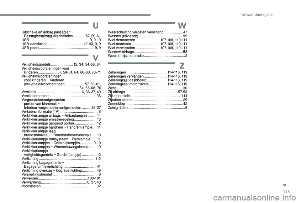 PEUGEOT 108 2018  Instructieboekje (in Dutch) 173
U
V
W
Z
Uitschakelen airbag passagier ~ Passagiersairbag uitschakelen  ............5 7,  6 0 - 6 1
USB
 

.............................................................. 9, 9 -10
USB-aansluiting
 
