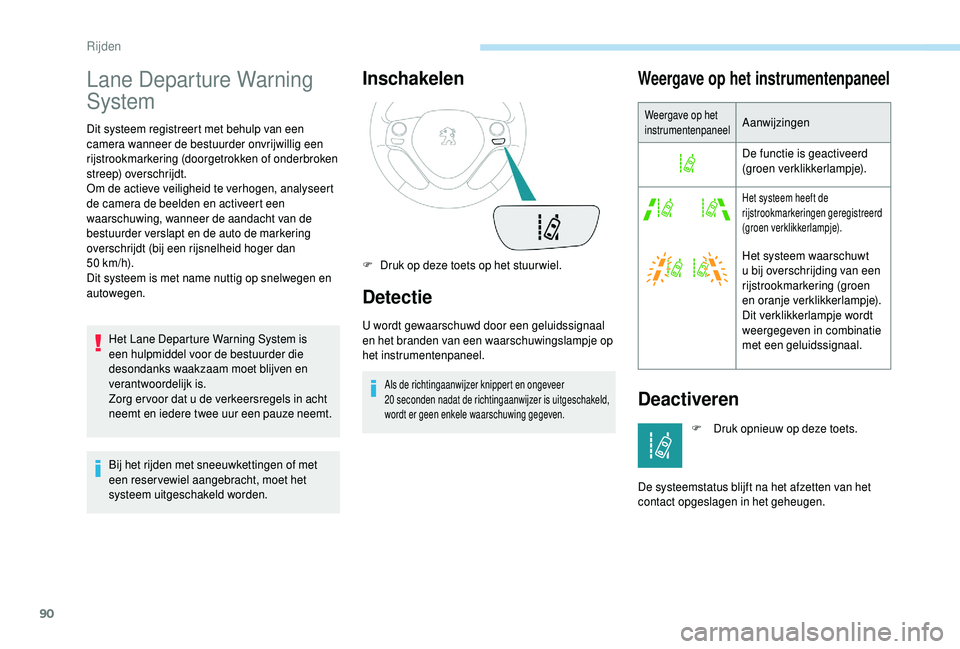 PEUGEOT 108 2018 Instructieboekje (in Dutch) 90
Lane Departure Warning
System
Dit systeem registreert met behulp van een
camera wanneer de bestuurder onvrijwillig een
rijstrookmarkering (doorgetrokken of onderbroken
streep) overschrijdt.
Om PEUGEOT 108 2018 Instructieboekje (in Dutch) 90
Lane Departure Warning
System
Dit systeem registreert met behulp van een
camera wanneer de bestuurder onvrijwillig een
rijstrookmarkering (doorgetrokken of onderbroken
streep) overschrijdt.
Om