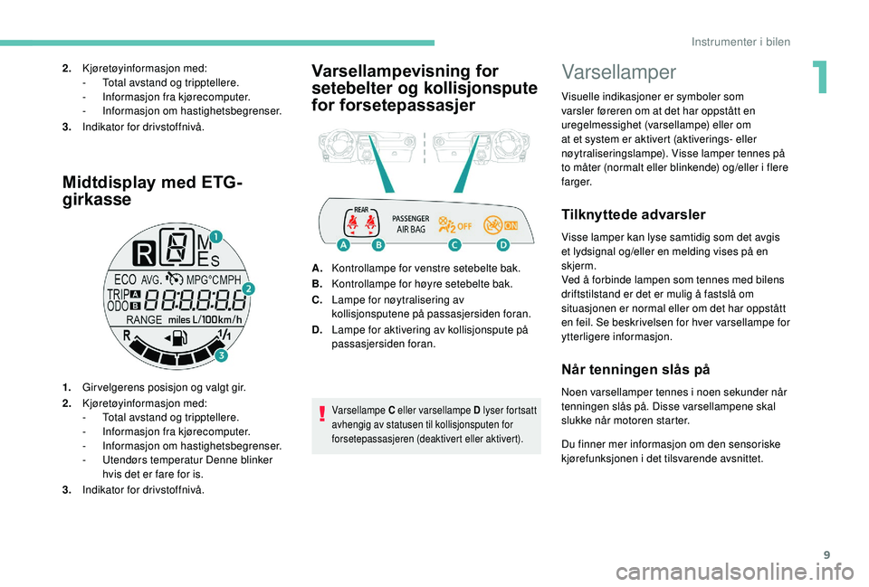 PEUGEOT 108 2018 Instruksjoner for bruk (in Norwegian) 9
Midtdisplay med ETG-
girkasse
1.Girvelgerens posisjon og valgt gir.
2. Kjøretøyinformasjon med:
-
T
otal avstand og tripptellere.
-
I
nformasjon fra kjørecomputer.
-
I
nformasjon om hastig PEUGEOT 108 2018 Instruksjoner for bruk (in Norwegian) 9
Midtdisplay med ETG-
girkasse
1.Girvelgerens posisjon og valgt gir.
2. Kjøretøyinformasjon med:
-
T
otal avstand og tripptellere.
-
I
nformasjon fra kjørecomputer.
-
I
nformasjon om hastig