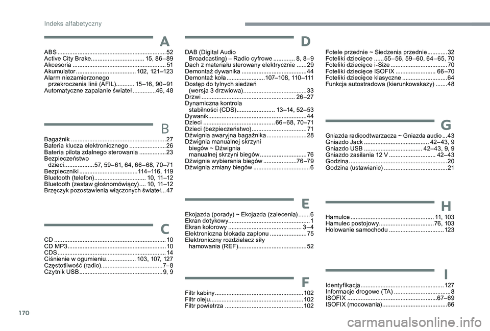 PEUGEOT 108 2018  Instrukcja obsługi (in Polish) 170
ABS .................................................................52
Active City Brake  ............................... . 15, 86 – 89
Akcesoria
 ...............................

.............