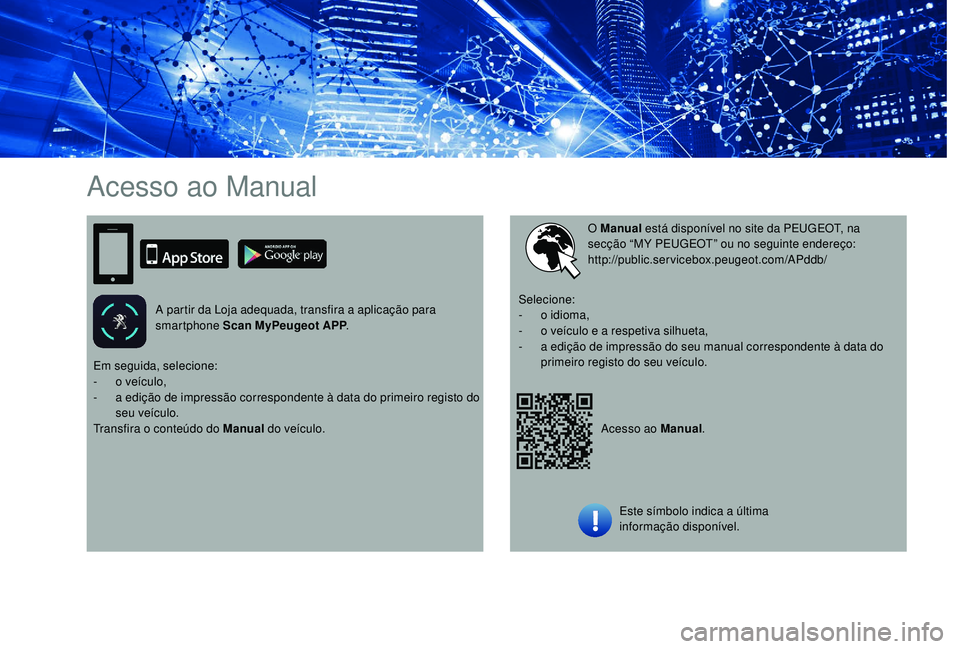 PEUGEOT 108 2018  Manual de utilização (in Portuguese) Acesso ao Manual
A partir da Loja adequada, transfira a aplicação para 
smartphone Scan MyPeugeot APP .
Acesso ao Manual.
O Manual
 está disponível no site da PEUGEOT, na 
secção “MY PEUGEOT�