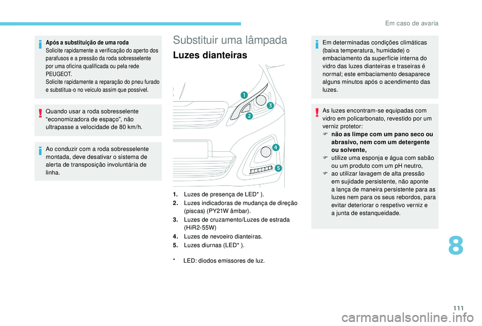PEUGEOT 108 2018 Manual de utilização (in Portuguese) 111
Após a substituição de uma roda
S olicite rapidamente a verificação do aperto dos
parafusos e a
pressão da roda sobresselente
por uma oficina qualificada ou pela rede
P E U G E O T.
S PEUGEOT 108 2018 Manual de utilização (in Portuguese) 111
Após a substituição de uma roda
S olicite rapidamente a verificação do aperto dos
parafusos e a
pressão da roda sobresselente
por uma oficina qualificada ou pela rede
P E U G E O T.
S