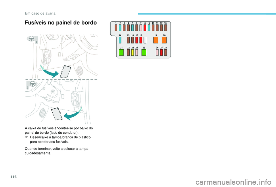 PEUGEOT 108 2018 Manual de utilização (in Portuguese) 116
Fusíveis no painel de bordo
A caixa de fusíveis encontra-se por baixo do
painel de bordo (lado do condutor).
F
D
esencaixe a tampa branca de plástico
para aceder aos fusíveis.
Quando ter PEUGEOT 108 2018 Manual de utilização (in Portuguese) 116
Fusíveis no painel de bordo
A caixa de fusíveis encontra-se por baixo do
painel de bordo (lado do condutor).
F
D
esencaixe a tampa branca de plástico
para aceder aos fusíveis.
Quando ter