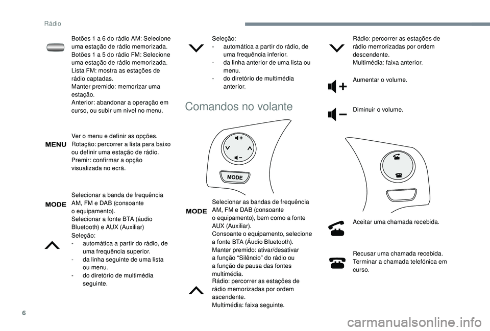 PEUGEOT 108 2018 Manual de utilização (in Portuguese) 6
Ver o menu e definir as opções.
R otação: percorrer a lista para baixo
ou definir uma estação de rádio.
Premir: confirmar a
opção
visualizada no ecrã.
Selecionar a
banda de frequê PEUGEOT 108 2018 Manual de utilização (in Portuguese) 6
Ver o menu e definir as opções.
R otação: percorrer a lista para baixo
ou definir uma estação de rádio.
Premir: confirmar a
opção
visualizada no ecrã.
Selecionar a
banda de frequê