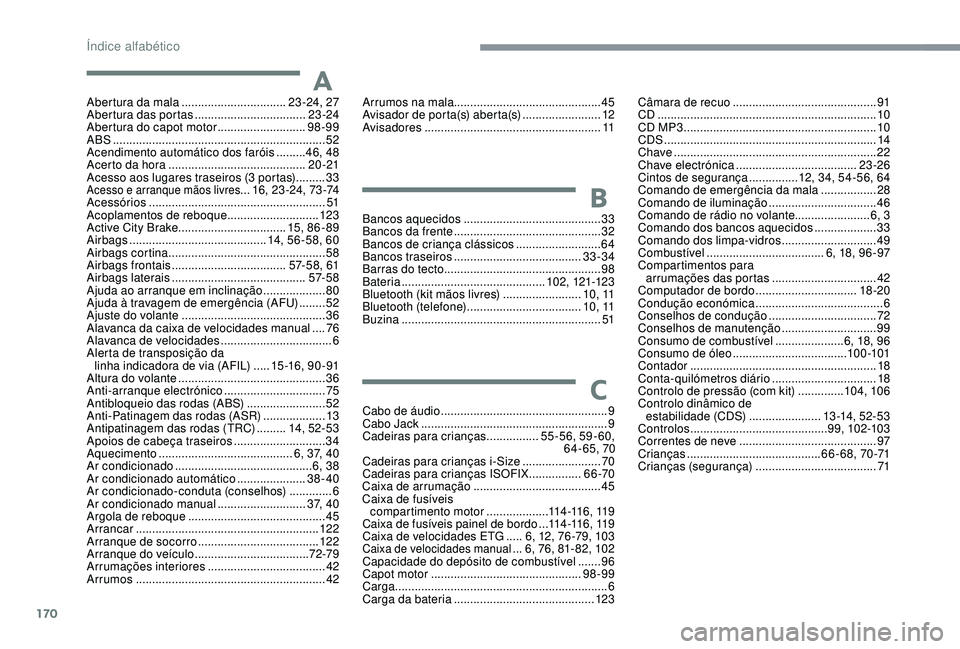 PEUGEOT 108 2018 Manual de utilização (in Portuguese) 170
Abertura da mala ................................2 3 -24, 27
Abertura das portas .................................. 2
3 -24
Abertura do capot motor
...........................98-99
ABS
........ PEUGEOT 108 2018 Manual de utilização (in Portuguese) 170
Abertura da mala ................................2 3 -24, 27
Abertura das portas .................................. 2
3 -24
Abertura do capot motor
...........................98-99
ABS
........