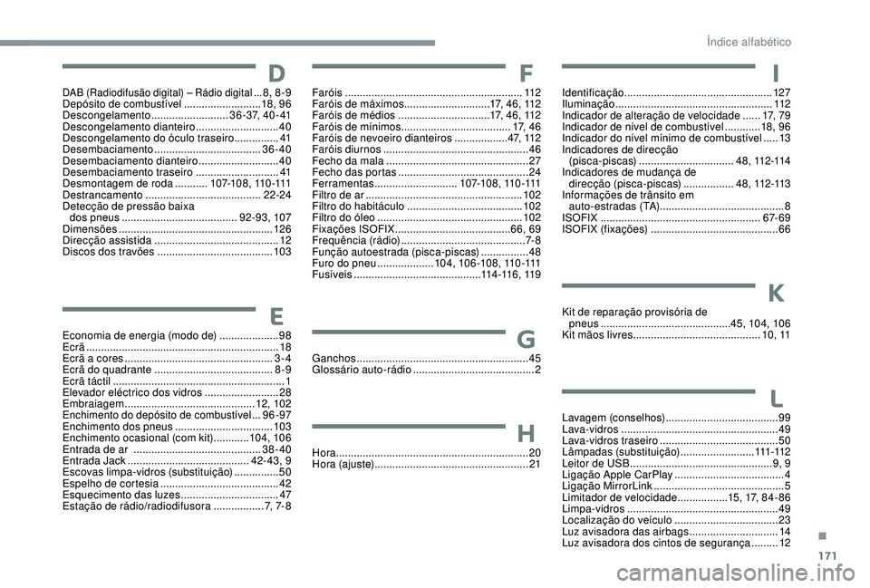 PEUGEOT 108 2018 Manual de utilização (in Portuguese) 171
DAB (Radiodifusão digital) – Rádio digital ...8, 8 -9
Depósito de combustível .......................... 18
, 9 6
Descongelamento
.......................... 36-37, 40-41
Descongelamento d PEUGEOT 108 2018 Manual de utilização (in Portuguese) 171
DAB (Radiodifusão digital) – Rádio digital ...8, 8 -9
Depósito de combustível .......................... 18
, 9 6
Descongelamento
.......................... 36-37, 40-41
Descongelamento d