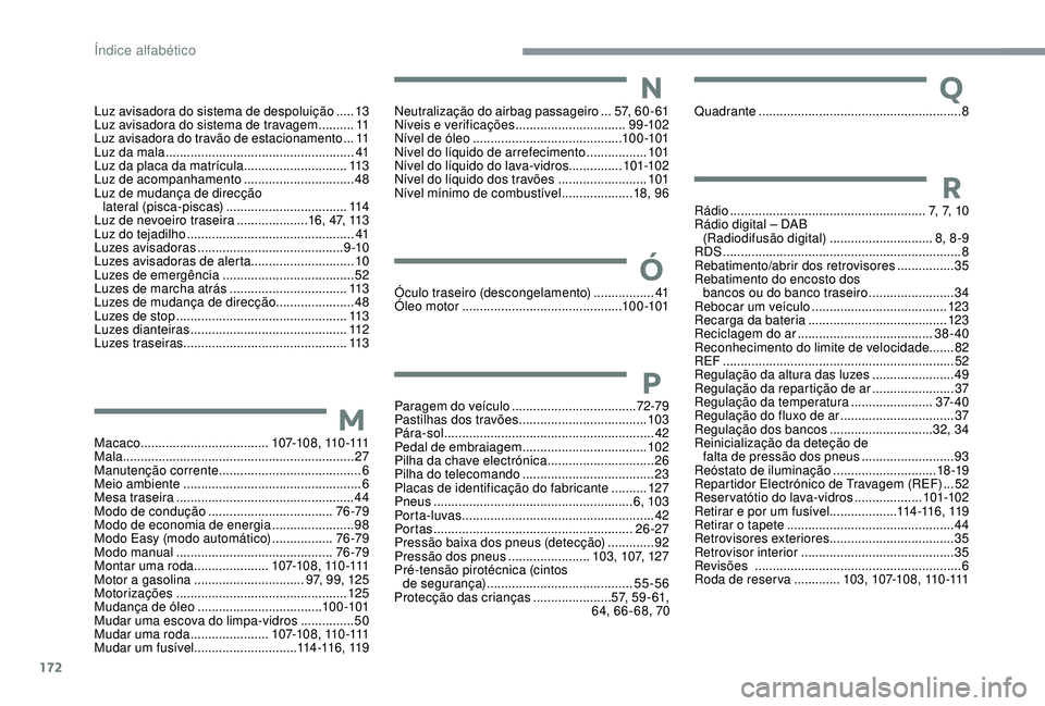 PEUGEOT 108 2018 Manual de utilização (in Portuguese) 172
Luz avisadora do sistema de despoluição .....13
L uz avisadora do sistema de travagem ..........11
Luz avisadora do travão de estacionamento ...11
L
uz da mala
.............................. PEUGEOT 108 2018 Manual de utilização (in Portuguese) 172
Luz avisadora do sistema de despoluição .....13
L uz avisadora do sistema de travagem ..........11
Luz avisadora do travão de estacionamento ...11
L
uz da mala
..............................