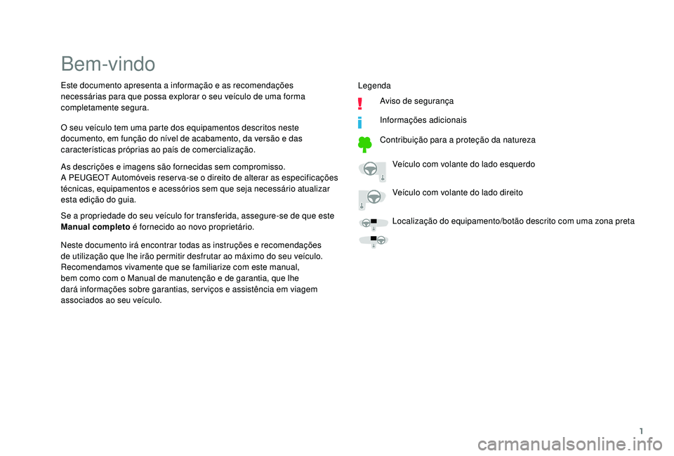 PEUGEOT 108 2018  Manual de utilização (in Portuguese) 1
Bem-vindo
As descrições e imagens são fornecidas sem compromisso.
A PEUGEOT Automóveis reser va-se o  direito de alterar as especificações 
técnicas, equipamentos e acessórios sem que seja n