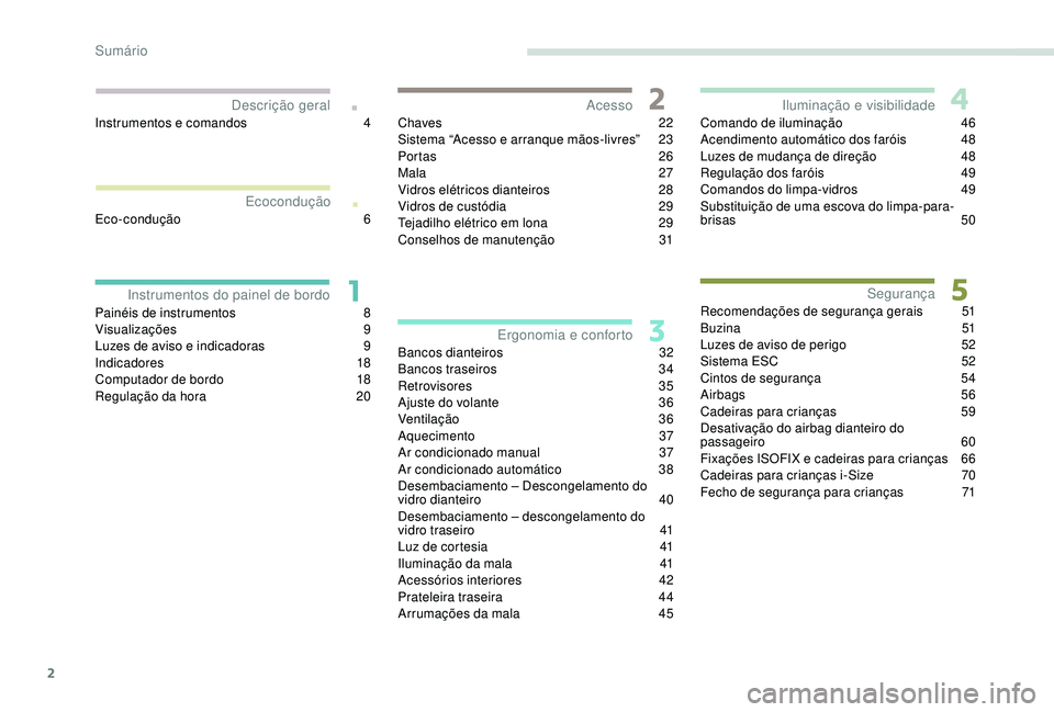 PEUGEOT 108 2018  Manual de utilização (in Portuguese) 2
.
.
Painéis de instrumentos 8
V isualizações  9
Luzes de aviso e indicadoras
 
9
In

dicadores
 1
 8
Computador de bordo
 
1
 8
Regulação da hora
 
2
 0Chaves
 

22
Sistema “Acesso e arranque