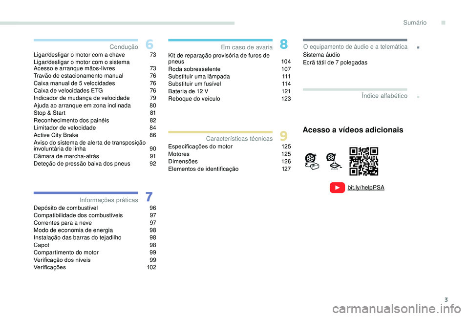 PEUGEOT 108 2018 Manual de utilização (in Portuguese) 3
.
bit.ly/helpPSA
.
Ligar/desligar o motor com a chave 73
Ligar/desligar o motor com o sistema
Acesso e arranque mãos-livres
7
3
Travão de estacionamento manual
7
6
Caixa manual de 5
v PEUGEOT 108 2018 Manual de utilização (in Portuguese) 3
.
bit.ly/helpPSA
.
Ligar/desligar o motor com a chave 73
Ligar/desligar o motor com o sistema
Acesso e arranque mãos-livres
7
3
Travão de estacionamento manual
7
6
Caixa manual de 5
v