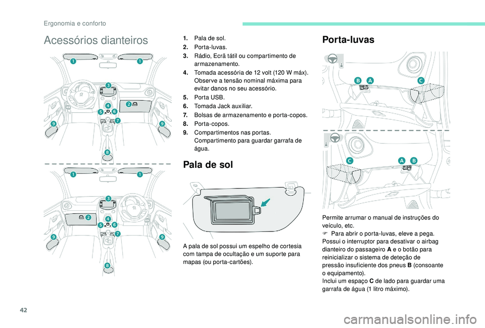 PEUGEOT 108 2018 Manual de utilização (in Portuguese) 42
Acessórios dianteiros1.Pala de sol.
2. Porta-luvas.
3. Rádio, Ecrã tátil ou compartimento de
armazenamento.
4. Tomada acessória de 12
volt (120 W máx).
Observe a
tensão nominal máx PEUGEOT 108 2018 Manual de utilização (in Portuguese) 42
Acessórios dianteiros1.Pala de sol.
2. Porta-luvas.
3. Rádio, Ecrã tátil ou compartimento de
armazenamento.
4. Tomada acessória de 12
volt (120 W máx).
Observe a
tensão nominal máx