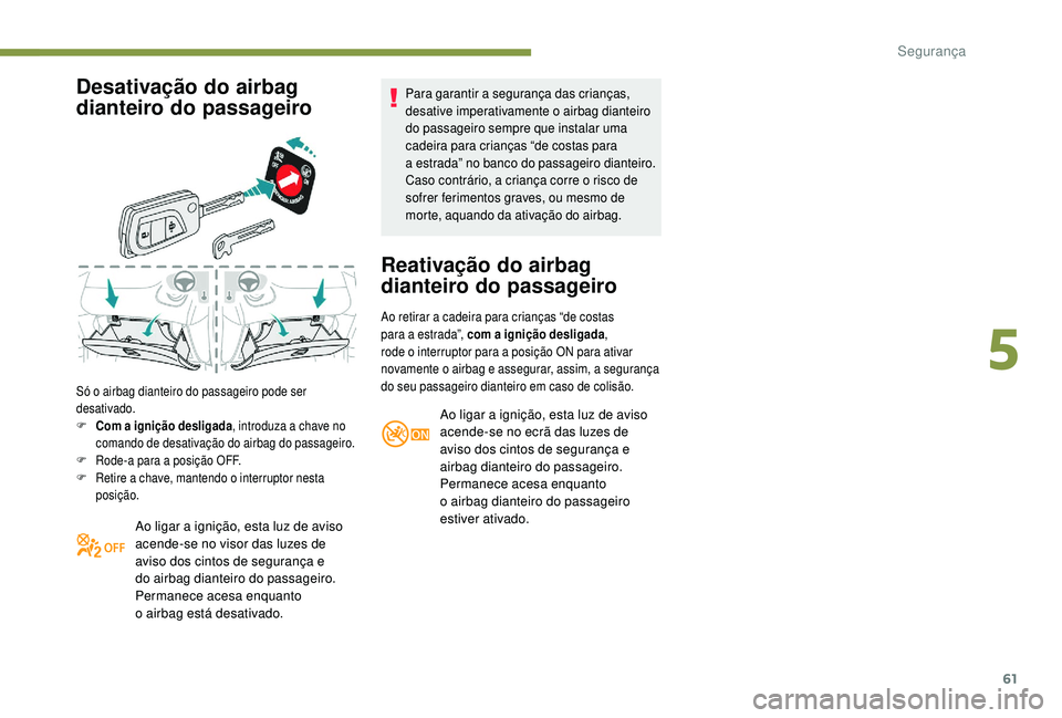PEUGEOT 108 2018 Manual de utilização (in Portuguese) 61
Desativação do airbag
dianteiro do passageiro
Só o airbag dianteiro do passageiro pode ser
d esativado.
F
C
om a ignição desligada , introduza a
chave no
comando de desativação do PEUGEOT 108 2018 Manual de utilização (in Portuguese) 61
Desativação do airbag
dianteiro do passageiro
Só o airbag dianteiro do passageiro pode ser
d esativado.
F
C
om a ignição desligada , introduza a
chave no
comando de desativação do