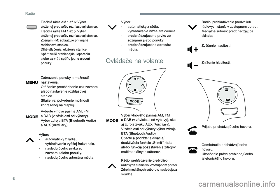 PEUGEOT 108 2018 Návod na použitie (in Slovakian) 6
Zobrazenie ponuky a možností
n astavenia.
Otáčanie: prechádzanie cez zoznam
alebo nastavenie rozhlasovej
stanice.
Stlačenie: potvrdenie možnosti
zobrazenej na displeji.
Vyberte vlnové p PEUGEOT 108 2018 Návod na použitie (in Slovakian) 6
Zobrazenie ponuky a možností
n astavenia.
Otáčanie: prechádzanie cez zoznam
alebo nastavenie rozhlasovej
stanice.
Stlačenie: potvrdenie možnosti
zobrazenej na displeji.
Vyberte vlnové p