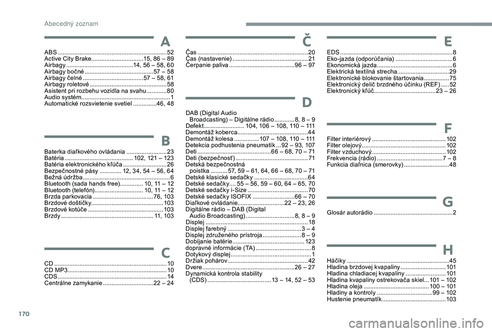 PEUGEOT 108 2018 Návod na použitie (in Slovakian) 170
ABS .................................................................52
Active City Brake ............................... 1
5, 86 – 89
Airbagy
...............
.........................14, PEUGEOT 108 2018 Návod na použitie (in Slovakian) 170
ABS .................................................................52
Active City Brake ............................... 1
5, 86 – 89
Airbagy
...............
.........................14,