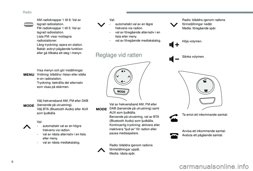 PEUGEOT 108 2018 Bruksanvisningar (in Swedish) 6
Visa menyn och gör inställningar.
Vridning: bläddra i listan eller ställa
in en radiostation.
Tryckning: bekräfta det alternativ
som visas på skärmen.
Välj frekvensband AM, FM eller DAB
( PEUGEOT 108 2018 Bruksanvisningar (in Swedish) 6
Visa menyn och gör inställningar.
Vridning: bläddra i listan eller ställa
in en radiostation.
Tryckning: bekräfta det alternativ
som visas på skärmen.
Välj frekvensband AM, FM eller DAB
(