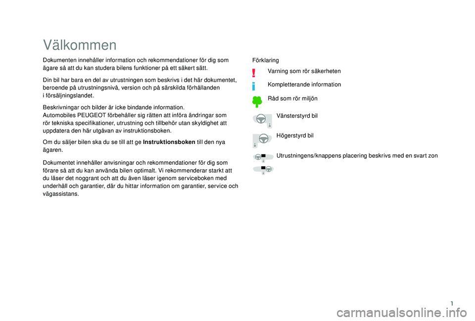 PEUGEOT 108 2018  Bruksanvisningar (in Swedish) 1
Välkommen
Beskrivningar och bilder är icke bindande information.
Automobiles PEUGEOT förbehåller sig rätten att införa ändringar som 
rör tekniska specifikationer, utrustning och tillbehör 