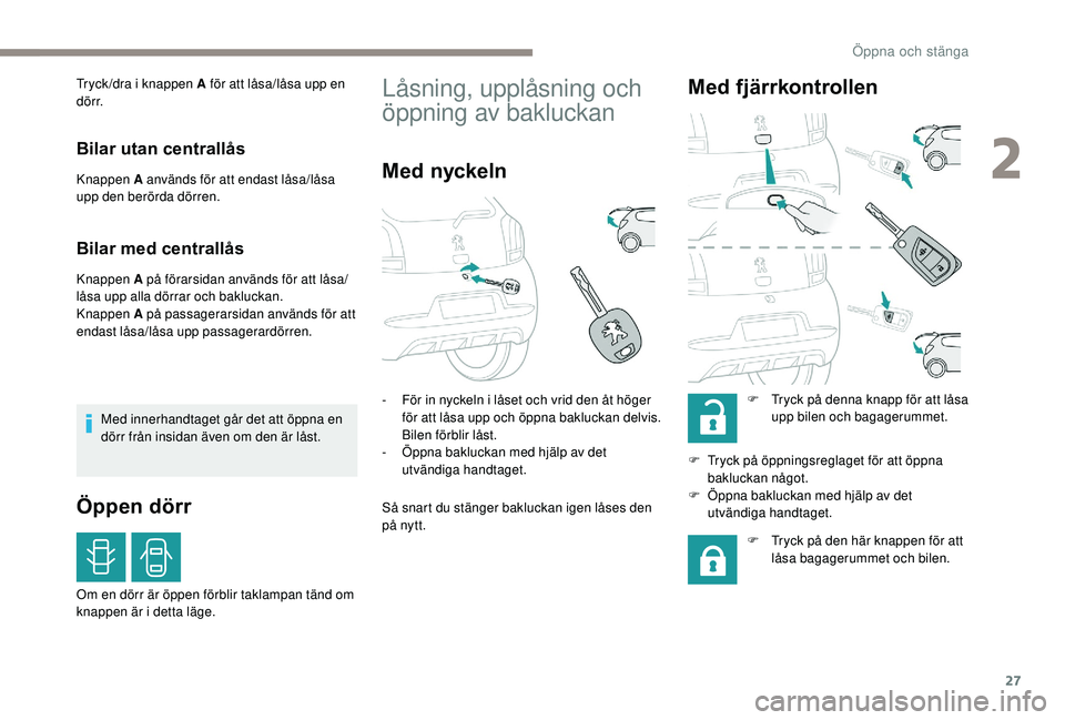 PEUGEOT 108 2018 Bruksanvisningar (in Swedish) 27
Tryck /dra i knappen A för att låsa/låsa upp en
d ö r r.
Bilar utan centrallås
Knappen A används för att endast låsa/låsa
upp den berörda dörren.
Bilar med centrallås
Knappen A på fà PEUGEOT 108 2018 Bruksanvisningar (in Swedish) 27
Tryck /dra i knappen A för att låsa/låsa upp en
d ö r r.
Bilar utan centrallås
Knappen A används för att endast låsa/låsa
upp den berörda dörren.
Bilar med centrallås
Knappen A pÃ¥ fÃ