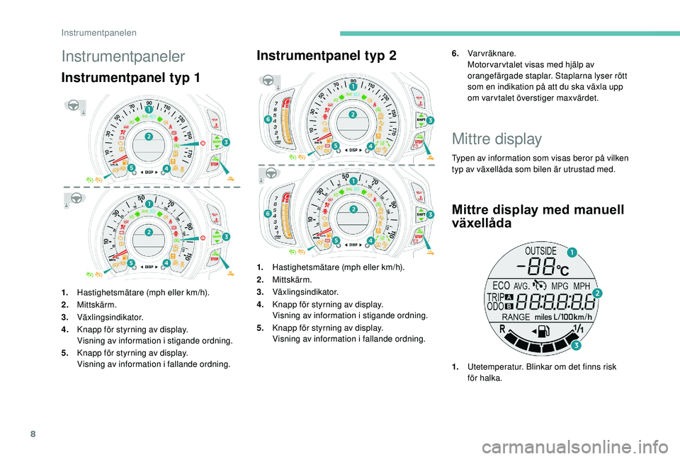 PEUGEOT 108 2018  Bruksanvisningar (in Swedish) 8
Instrumentpaneler
Instrumentpanel typ 1
1.Hastighetsmätare (mph eller km/h).
2. Mittskärm.
3. Växlingsindikator.
4. Knapp för styrning av display.
Visning av information i
 

stigande ordning.
5