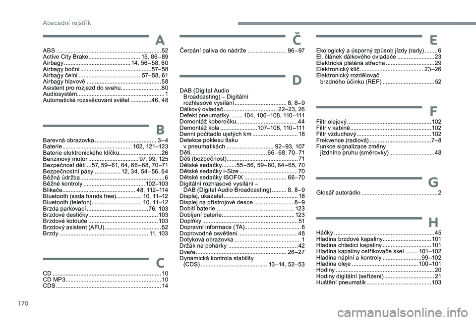 PEUGEOT 108 2018  Návod na použití (in Czech) 170
ABS .................................................................52
Active City Brake  ............................... . 15, 86 – 89
Airbagy
 ...............

.......................... 14, 