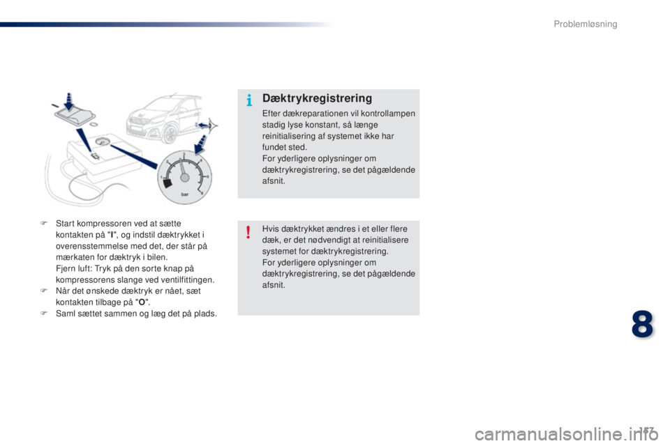 PEUGEOT 108 2016 Brugsanvisning (in Danish) 157
108_da_Chap08_en-cas-pannes_ed01-2016
Hvis dæktrykket ændres i et eller flere
dæk, er det nødvendigt at reinitialisere
systemet for dæktrykregistrering.
For yderligere oplysninger om
dækt PEUGEOT 108 2016 Brugsanvisning (in Danish) 157
108_da_Chap08_en-cas-pannes_ed01-2016
Hvis dæktrykket ændres i et eller flere
dæk, er det nødvendigt at reinitialisere
systemet for dæktrykregistrering.
For yderligere oplysninger om
dækt