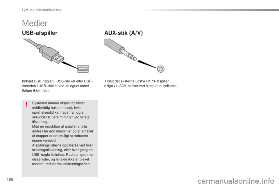 PEUGEOT 108 2016  Brugsanvisning (in Danish) 198
108_da_Chap10a_Autoradio-Toyota-tactile-1_ed01-2016
Medier
USB-afspiller
Indsæt USB-nøglen i USB-stikket eller USB-
enheden i USB-stikket vha. et egnet kabel 
(følger ikke med).Systemet danner 