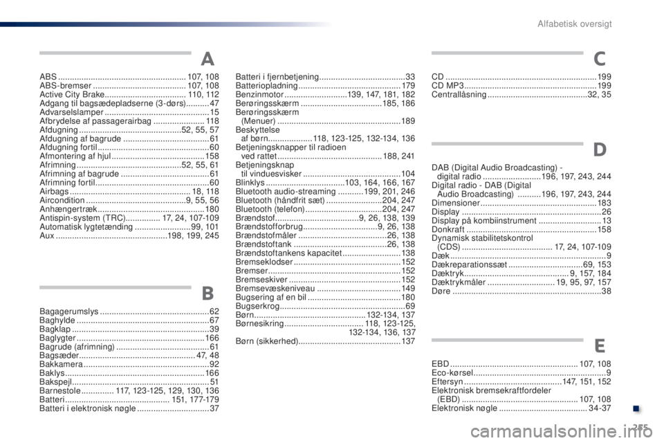PEUGEOT 108 2016  Brugsanvisning (in Danish) 255
108_da_Chap11_index-alpha_ed01-2016
ABS .......................................................10 7, 108
ABS-bremser ........................................ 10
7, 108
Active City Brake
 .........