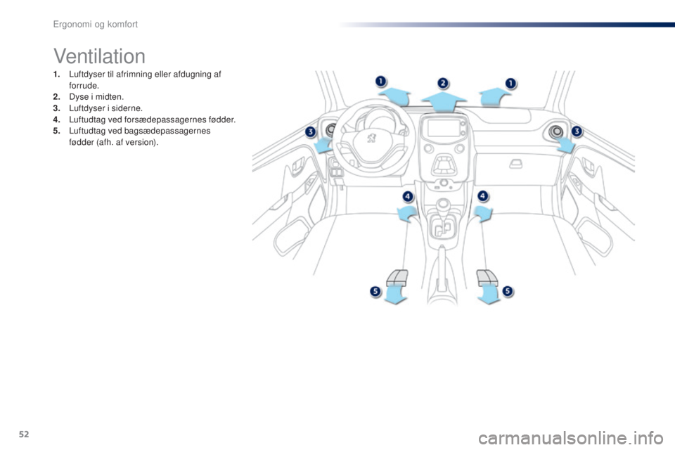 PEUGEOT 108 2016 Brugsanvisning (in Danish) 52
108_da_Chap03_ergonomie-confort_ed01-2016
Ventilation
1. Luftdyser til afrimning eller afdugning af
forrude.
2.
Dy
se i midten.
3.
Luf
tdyser i siderne.
4.
Luf
tudtag ved forsædepassagernes PEUGEOT 108 2016 Brugsanvisning (in Danish) 52
108_da_Chap03_ergonomie-confort_ed01-2016
Ventilation
1. Luftdyser til afrimning eller afdugning af
forrude.
2.
Dy
se i midten.
3.
Luf
tdyser i siderne.
4.
Luf
tudtag ved forsædepassagernes