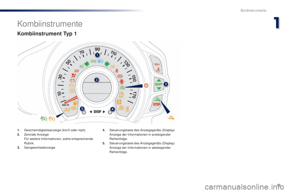 PEUGEOT 108 2016  Betriebsanleitungen (in German) 11
108 _de_Chap01_instrument- de-bord_ed01-2016
Kombiinstrumente
Kombiinstrument Typ 1
1. Geschwindigkeitsanzeige (km/h oder mph)
2. Z entrale Anzeige
 F

ür weitere Informationen, siehe entsprechend
