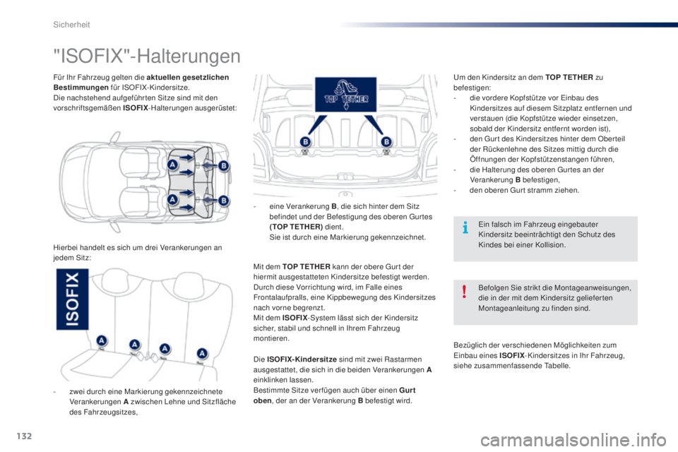 PEUGEOT 108 2016 Betriebsanleitungen (in German) 132
108_de_Chap06_securite_ed01-2016
Für Ihr Fahrzeug gelten die aktuellen gesetzlichen
Bestimmungen für ISOFIX-Kindersitze.
Die nachstehend aufgeführ ten Sitze sind mit den
vorschriftsgemäßen PEUGEOT 108 2016 Betriebsanleitungen (in German) 132
108_de_Chap06_securite_ed01-2016
Für Ihr Fahrzeug gelten die aktuellen gesetzlichen
Bestimmungen für ISOFIX-Kindersitze.
Die nachstehend aufgeführ ten Sitze sind mit den
vorschriftsgemäßen