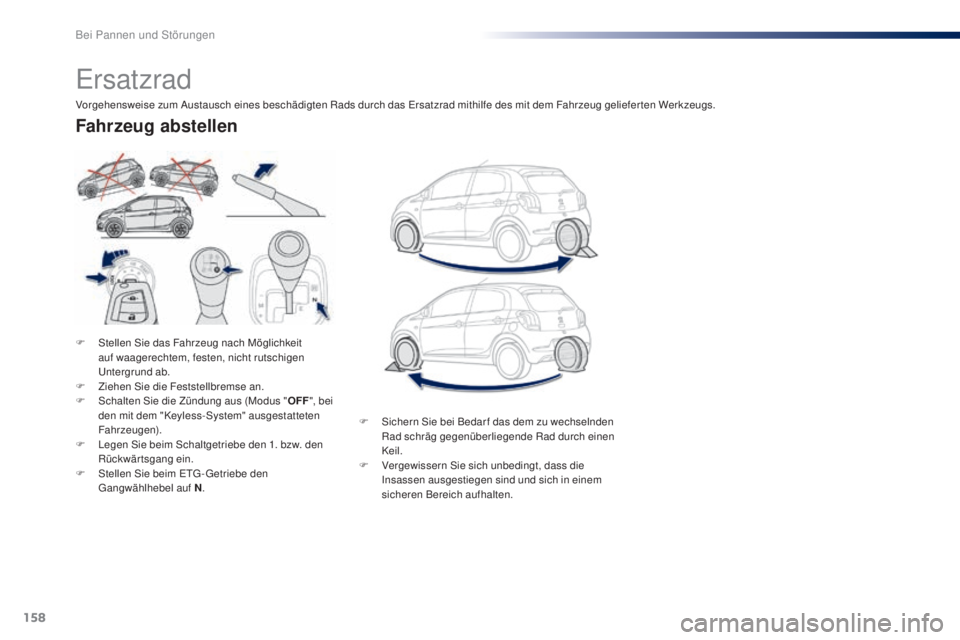 PEUGEOT 108 2016 Betriebsanleitungen (in German) 158
108_de_Chap08_en-cas-pannes_ed01-2016
Ersatzrad
F Stellen Sie das Fahrzeug nach Möglichkeit auf waagerechtem, festen, nicht rutschigen
Untergrund ab.
F
Z
iehen Sie die Feststellbremse an.
F
PEUGEOT 108 2016 Betriebsanleitungen (in German) 158
108_de_Chap08_en-cas-pannes_ed01-2016
Ersatzrad
F Stellen Sie das Fahrzeug nach Möglichkeit auf waagerechtem, festen, nicht rutschigen
Untergrund ab.
F
Z
iehen Sie die Feststellbremse an.
F