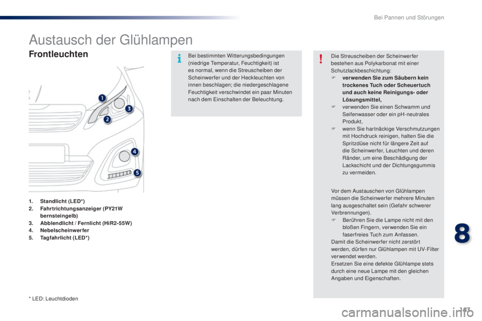 PEUGEOT 108 2016 Betriebsanleitungen (in German) 163
108_de_Chap08_en-cas-pannes_ed01-2016
Austausch der Glühlampen
Frontleuchten
1. Standlicht (LED*)
2. F ahrtrichtungsanzeiger (PY21W
bernsteingelb)
3.
A
bblendlicht / Fernlicht (HiR2-55W)
4.
N PEUGEOT 108 2016 Betriebsanleitungen (in German) 163
108_de_Chap08_en-cas-pannes_ed01-2016
Austausch der Glühlampen
Frontleuchten
1. Standlicht (LED*)
2. F ahrtrichtungsanzeiger (PY21W
bernsteingelb)
3.
A
bblendlicht / Fernlicht (HiR2-55W)
4.
N