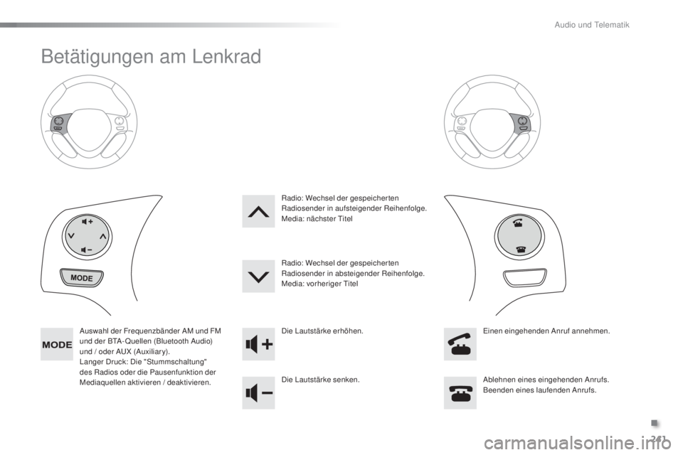 PEUGEOT 108 2016  Betriebsanleitungen (in German) 241
108_de_Chap10b_Autoradio-Toyota-2_ed01-2016
Betätigungen am Lenkrad
Auswahl der Frequenzbänder AM und FM 
und der BTA- Quellen (Bluetooth Audio) 
und / oder AUX (Auxiliar y).
Langer Druck: Die &