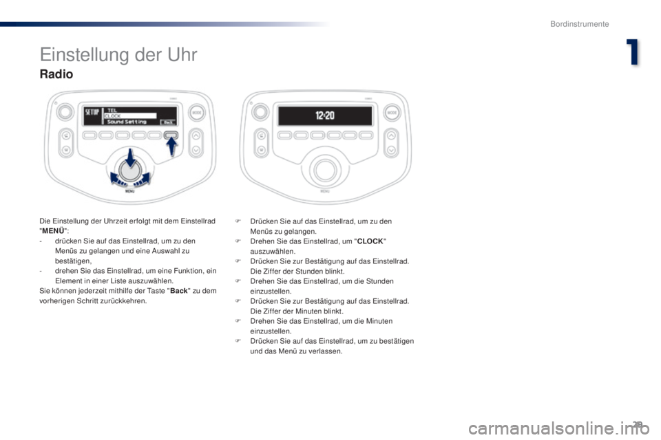 PEUGEOT 108 2016  Betriebsanleitungen (in German) 29
108 _de_Chap01_instrument- de-bord_ed01-2016
Radio
Die Einstellung der Uhrzeit erfolgt mit dem Einstellrad 
"MENÜ ":
-
 
d
 rücken Sie auf das Einstellrad, um zu den 
Menüs zu gelangen u