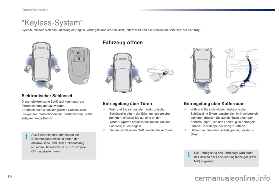 PEUGEOT 108 2016  Betriebsanleitungen (in German) 34
108_de_Chap02_ouvertures_ed01-2016
"Keyless-System"
System, mit dem sich das Fahrzeug entriegeln, verriegeln und star ten lässt, indem man den elektronischen Schlüssel bei sich trägt.
El