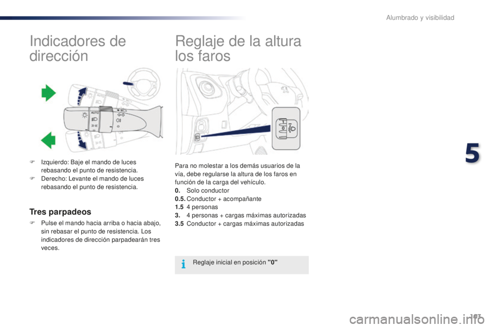PEUGEOT 108 2016 Manual del propietario (in Spanish) 103
108_es_Chap05_eclairage-visibilite_ed01-2016
Reglaje de la altura
los faros
Para no molestar a los demás usuarios de la
vía, debe regularse la altura de los faros en
función de la carga del PEUGEOT 108 2016 Manual del propietario (in Spanish) 103
108_es_Chap05_eclairage-visibilite_ed01-2016
Reglaje de la altura
los faros
Para no molestar a los demás usuarios de la
vía, debe regularse la altura de los faros en
función de la carga del