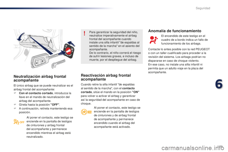 PEUGEOT 108 2016 Manual del propietario (in Spanish) 119
108_es_Chap06_securite_ed01-2016
Neutralización airbag frontal
acompañante
El único airbag que se puede neutralizar es el
airbag frontal del acompañante:
F
C
on el contacto cortado , intro PEUGEOT 108 2016 Manual del propietario (in Spanish) 119
108_es_Chap06_securite_ed01-2016
Neutralización airbag frontal
acompañante
El único airbag que se puede neutralizar es el
airbag frontal del acompañante:
F
C
on el contacto cortado , intro